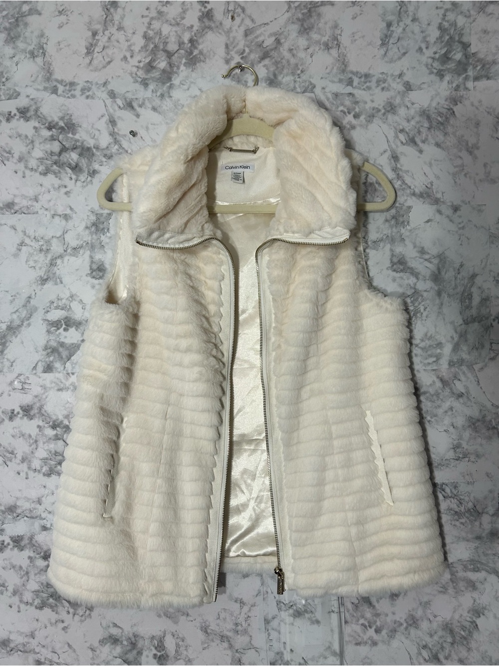 Calvin Klein Ivory Faux Fur Zip Vest